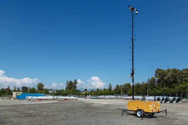 MPS Commander 3400 surveillance trailer guards pipeline construction storage site.