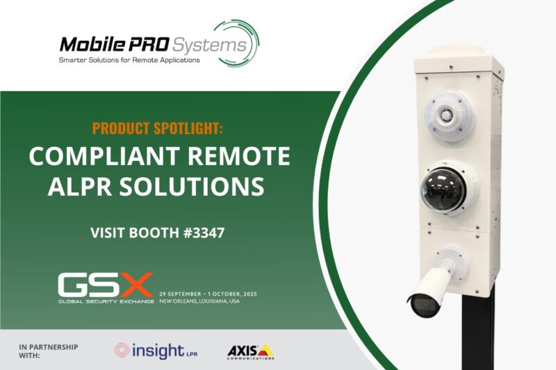 Picture of a Mobile Pro Systems pole-mounted surveillance unit equipped with a PTZ camera and LPR camera.